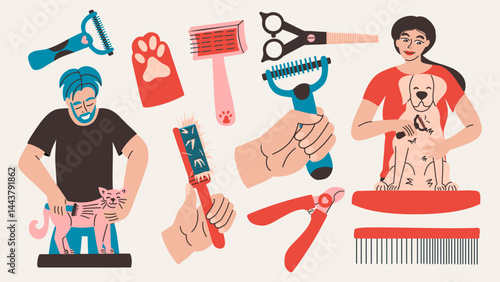Dog and cat grooming set. Pet design tools, nail trimming, clipper, brush. Animal care vector illustration