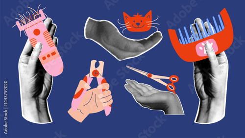 Pet grooming, halftone collage with hands, scissors, comb, nail nipper, hair trimmer. Vector vintage design elements