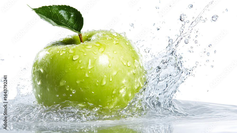 green apple splashing in fresh water isolated on white or transparent png