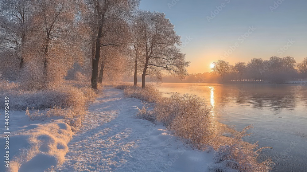 Sunrise Over a Snowy Riverbank with Frosty Trees and Calm Waters Sunrise Over a Snowy Riverbank with Frosty Trees and Calm Waters