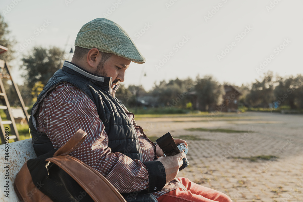 Photographer Taking A Rest At The Park Bench