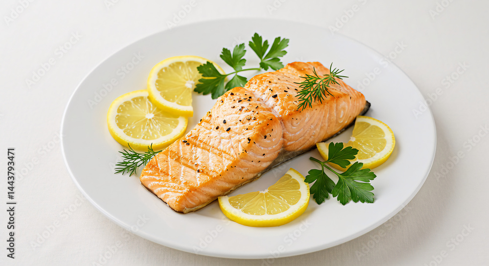 Grilled salmon filet with lemon slices and herbs on a white dish, overhead angle, blurred white background
Grilled salmon filet with lemon slices and herbs on a white dish, overhead angle, blurred white background