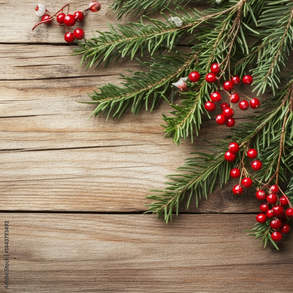 Red berry Christmas: Evergreen on wood. Red berry Christmas: Evergreen on wood.