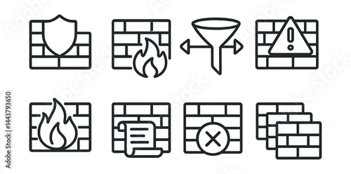 Line style icons of firewalls: firewall shield, traffic filter, network barrier, warning icon, firewall log, intrusion icon, blocked access, layered security.