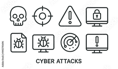 Line style icons of cyber attacks: skull icon, crosshair target, warning triangle, ransomware, infected file, attack monitor, threat radar, cyber alert.