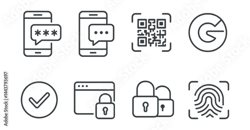 Set of icons for a phone, including a camera, a fingerprint, a QR code