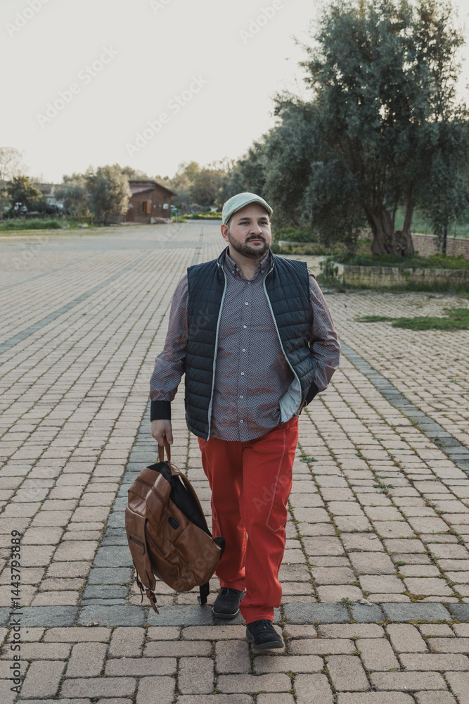young adult walks with backpack in hand