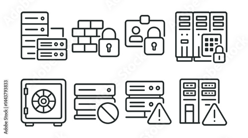 Line style icons of secure servers: rack server, firewall node, lock icon, access control, server room, data vault, restricted port, server alert.