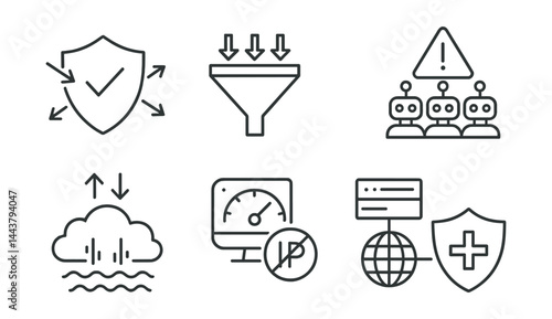 Series of icons that include a shield, a check mark, a funnel, a globe