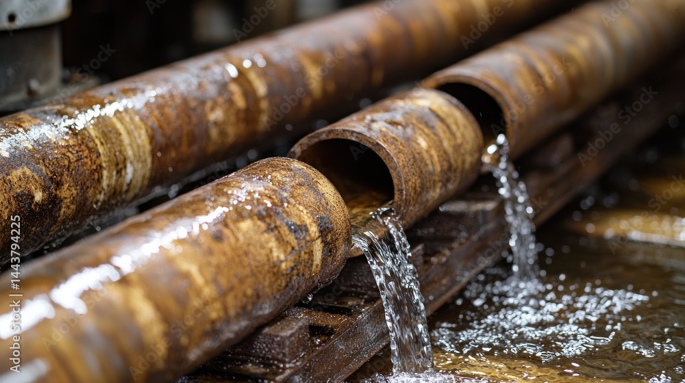 Leaking, rusty pipes spill water onto a corroded platform Leaking, rusty pipes spill water onto a corroded platform