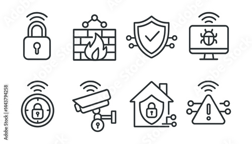 Wallpaper Mural Line style icons of IoT device protection: smart lock, IoT firewall, connected shield, device monitor, secure thermostat, smart camera lock, encrypted home, IoT alert. Torontodigital.ca