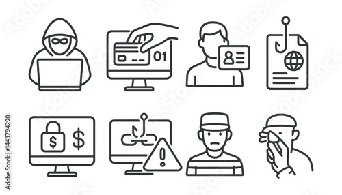 Line style icons of cybercrime: hacker laptop, digital theft, identity fraud, online scam, ransomware demand, breach alert, criminal icon, illegal activity.