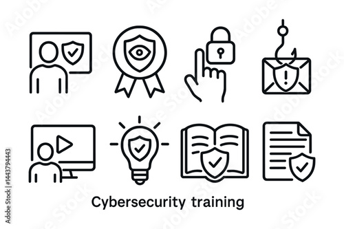 Line style icons of cybersecurity training: user education, awareness badge, secure habits, phishing training, online course, tip icon, safety manual, test shield.