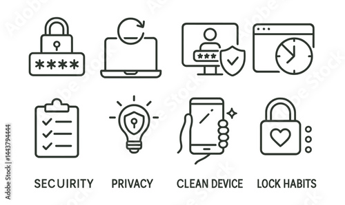 Set of icons for security, privacy, clean device, lock habits
