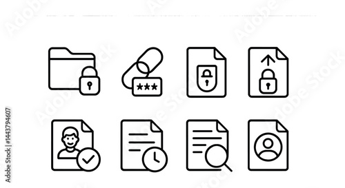 Line style icons of secure file sharing: lock folder, encrypted link, file password, secure upload, verified recipient, file expiration, tracking icon, access permission.