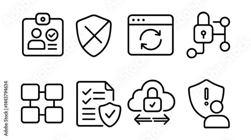 Line style icons of zero trust security: identity verification, no implicit trust, continuous authentication, access control, microsegmentation, policy check, encrypted traffic, risk-based access.
