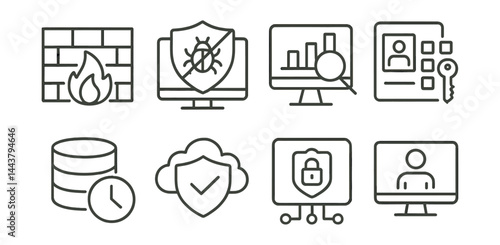 Line style icons of cybersecurity infrastructure: firewall, antivirus, SIEM system, access control, backup, cloud shield, secure gateway, admin console.