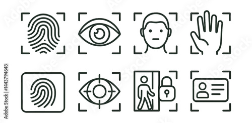 Line style icons of biometric access: fingerprint, iris scan, facial recognition, hand scan, biometric pad, retina check, secured entry, ID match.