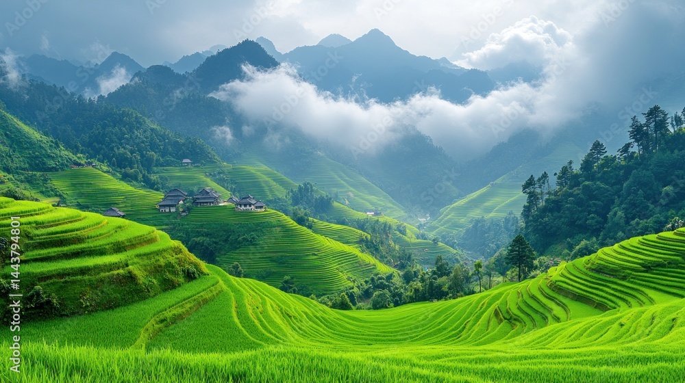 Serene Rice Terraces and Misty Mountains Serene Rice Terraces and Misty Mountains