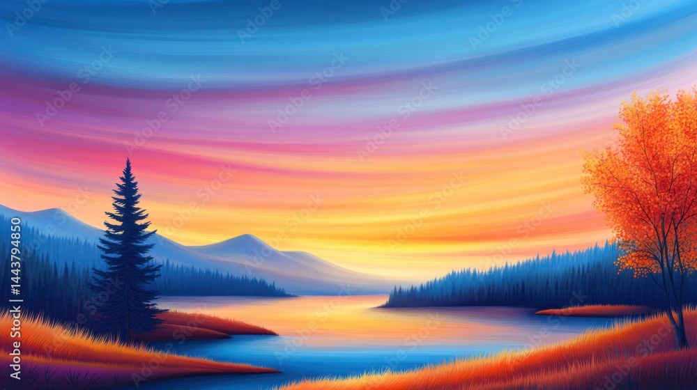 Vibrant Sunset Over Calm Lake with Autumn Tree and Majestic Mountains