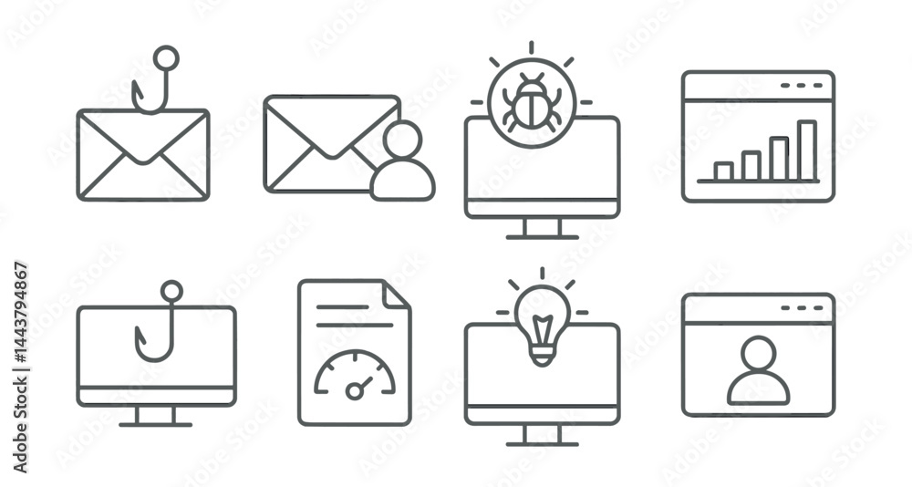 Line style icons of phishing simulation: fake email icon, training email, user report icon, phishing detector, simulation run, phishing metrics, awareness tool, fake login.