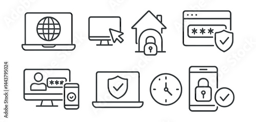 Line style icons of remote access security: VPN access, remote desktop, encrypted tunnel, MFA login, remote shield, session timer, access control, secure device.