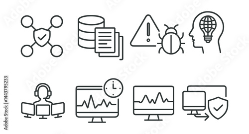 Line style icons of SIEM systems: event correlation, log collector, dashboard icon, security alert, threat intelligence, SOC icon, real-time monitor, incident response.