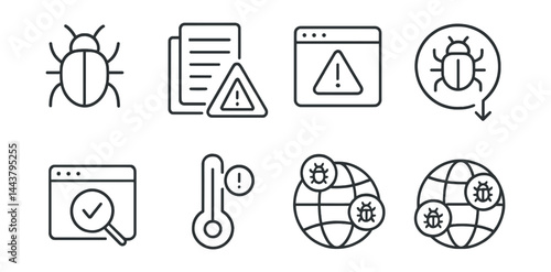Line style icons of system vulnerabilities: bug icon, CVE list, patch warning, exploit alert, vulnerable version, system scan, severity level, vulnerability map.