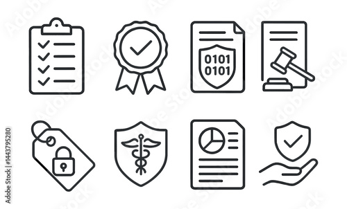 Line style icons of compliance and audit: audit checklist, compliance badge, data policy, regulation icon, GDPR tag, HIPAA icon, report icon, secure practice.