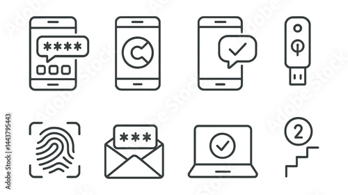 Line style icons of MFA methods: SMS code, authenticator app, push approval, hardware key, biometric factor, email code, trusted device, second step.