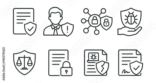 Line style icons of cyber insurance: insurance document, risk profile, breach coverage, claim icon, legal shield, policy terms, incident report, contract icon.