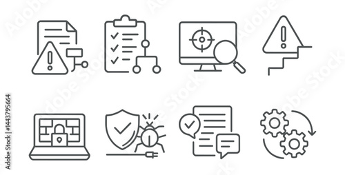 Line style icons of cyber incident response: emergency protocol, response plan, forensics icon, escalation alert, containment icon, threat neutralize, communication plan, recovery phase.
