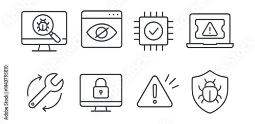 Line style icons of rootkit protection: system scan, hidden process, kernel check, bootloader alert, removal tool, secure boot, detection alert, rootkit shield.