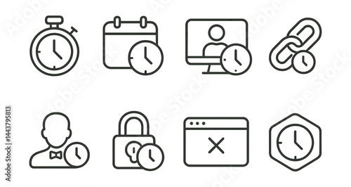 Line style icons of access expiration: timed access, expiration icon, temporary login, link expiry, guest session, time lock, session end, timed token.