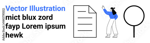 Female figure gesturing at document, large magnifying glass. Ideal for research, education, documentation, proofreading, presentation, analysis, simple landing page