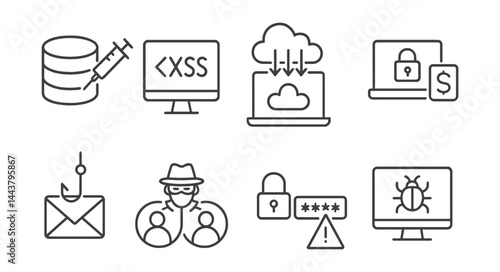 Line style icons of cyber attack types: SQL injection, XSS icon, DDoS, ransomware, phishing, man-in-the-middle, brute force, malware.