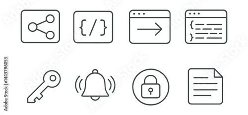 Line vector icons of API integration: REST icon, endpoint path, fetch request, JSON response, API key, webhook alert, OAuth token, documentation file.