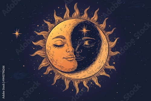 Sun and moon face illustration depicting balance and harmony in a celestial design