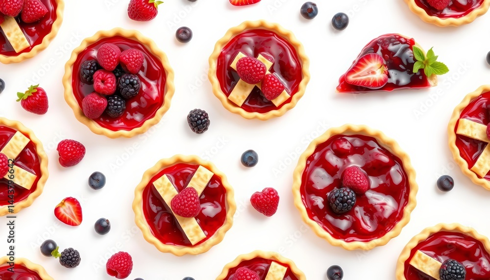 A whimsical seamless pattern featuring whole and sliced berry pies with jam filling on a clean white background, deliciousness, holiday A whimsical seamless pattern featuring whole and sliced berry pies with jam filling on a clean white background, deliciousness, holiday