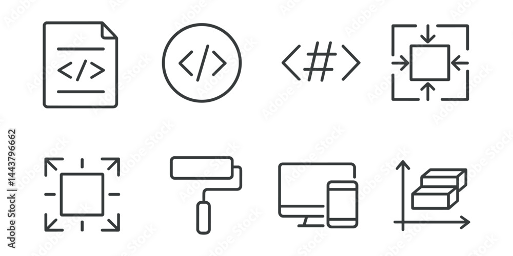 Line vector icons of CSS styling: style sheet, class selector, ID selector, box model, margin icon, padding tool, media query, z-index chart. Line vector icons of CSS styling: style sheet, class selector, ID selector, box model, margin icon, padding tool, media query, z-index chart.