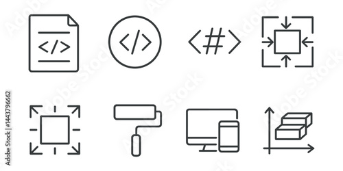 Line vector icons of CSS styling: style sheet, class selector, ID selector, box model, margin icon, padding tool, media query, z-index chart.