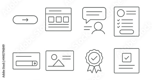 Line vector icons of landing page UI: CTA button, feature grid, testimonial block, pricing table, newsletter form, hero image, trust badge, thank-you screen.