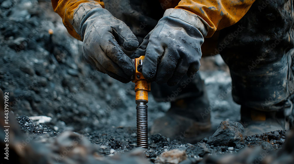 Worker Using Hydraulic Tool in Mining Operation Worker Using Hydraulic Tool in Mining Operation