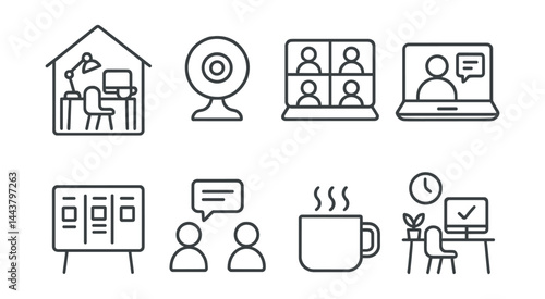Line vector icons of remote work: home desk, webcam icon, virtual meeting, laptop screen, task board, team chat, coffee mug, productivity zone.