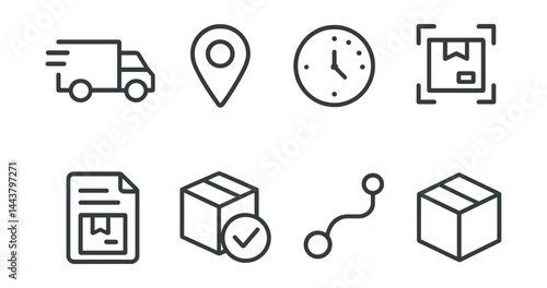 Line vector icons of delivery tracking: delivery truck, location pin, estimated time, package scan, shipping label, order confirmed, courier route, package icon.