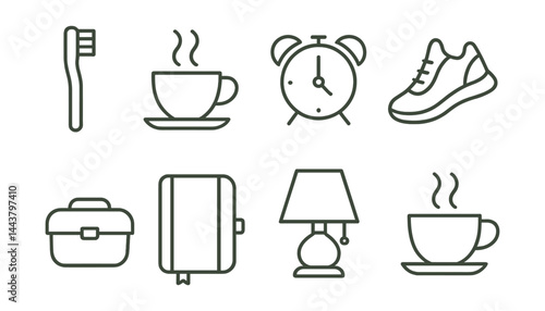 Line vector icons of daily routine: toothbrush, coffee cup, alarm clock, workout shoes, lunchbox, notebook icon, bedtime lamp, evening tea.