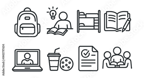 Line vector icons of student life: backpack icon, study session, dorm bed, lecture note, online class, snack break, exam paper, group study.