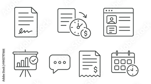 Line vector icons of freelance work: contract document, payment request, time tracker, job board, project status, client message, invoice icon, delivery date.
