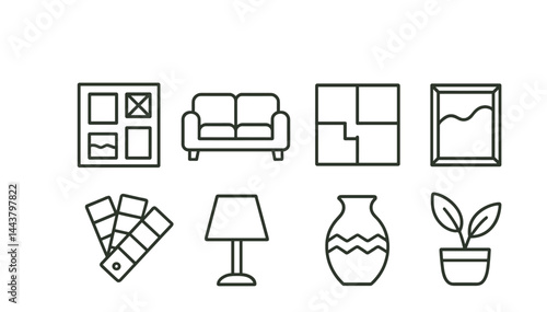 Line vector icons of interior design: mood board, sofa icon, room layout, wall art, color sample, lamp icon, decor piece, plant pot.