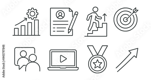 Line vector icons of career development: skills chart, resume update, career ladder, goal setting, mentorship call, online course, achievement badge, promotion arrow.